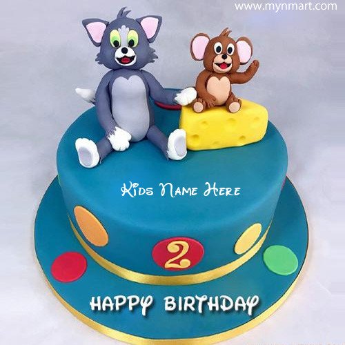 Happy 2nd Birthday Cake for Kids with Tom and Jerry and Write kids name on Cake