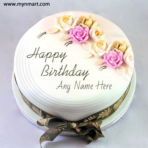Happy Birthday Cake With Rose on top and write name on it